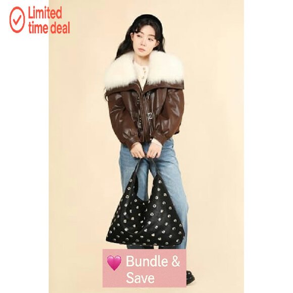 Large Vegan Leather Studded Hobo Tote Bag with Magnetic Closure - Picture 7 of 7